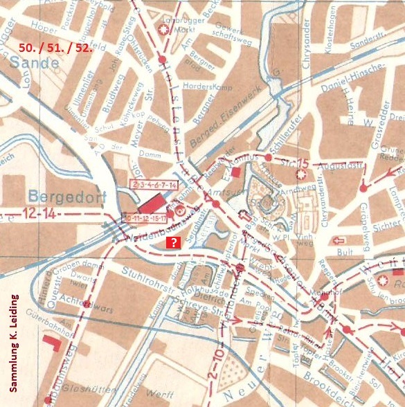 Karte von Bergedorf mit den Modellbahngeschäften in diesem Gebiet.