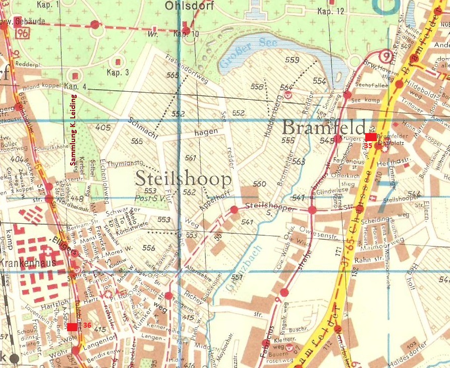 Karte von Bramfeld / Barmbek Nord mit den ehemaligen Modellbahngeschäften in diesem Gebiet.