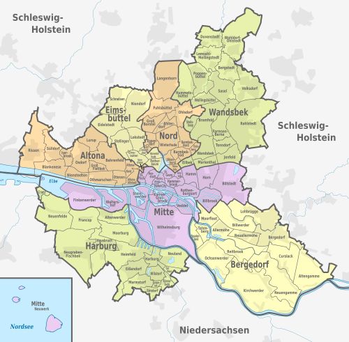 Karte der sieben Bezirke Hamburgs. Quelle der Karte: wikipedia.