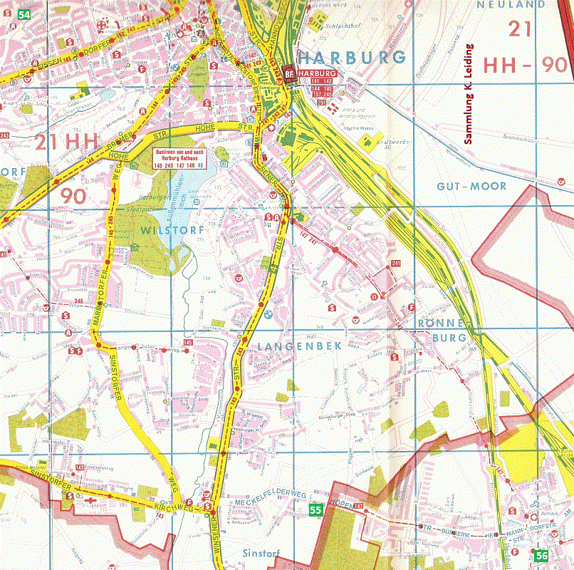 Karte von Harburg mit den Modellbahngeschäften in diesem Gebiet.