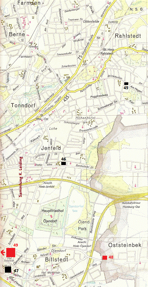 Karte von Hamburgs Osten mit den Modellbahngeschäften in diesem Gebiet.