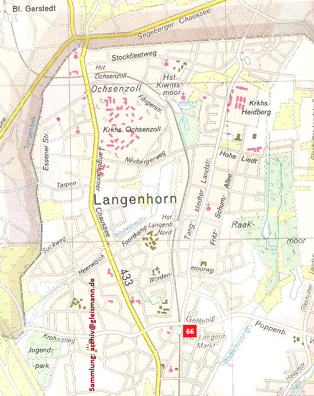 Karte von Langenhorn mit den Modellbahngeschäften in diesem Gebiet.