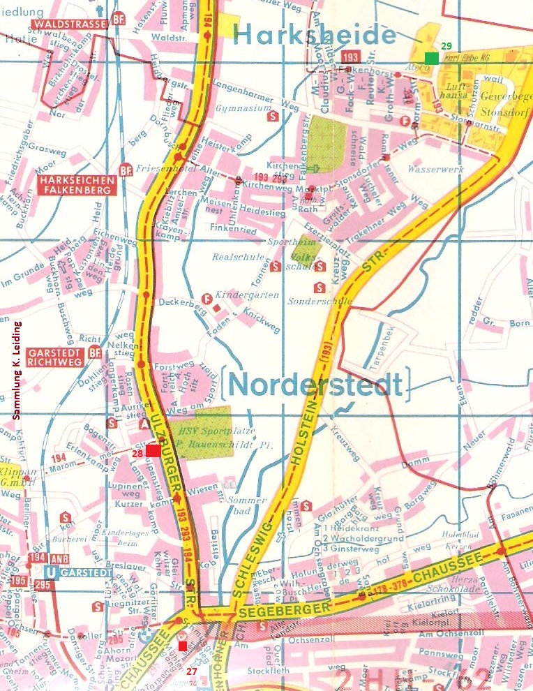 Karte von Norderstedt mit den Modellbahngeschäften in diesem Gebiet.