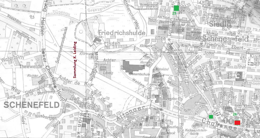 Karte von Schenefeld mit den existierenden Modellbahngeschäften in diesem Gebiet.