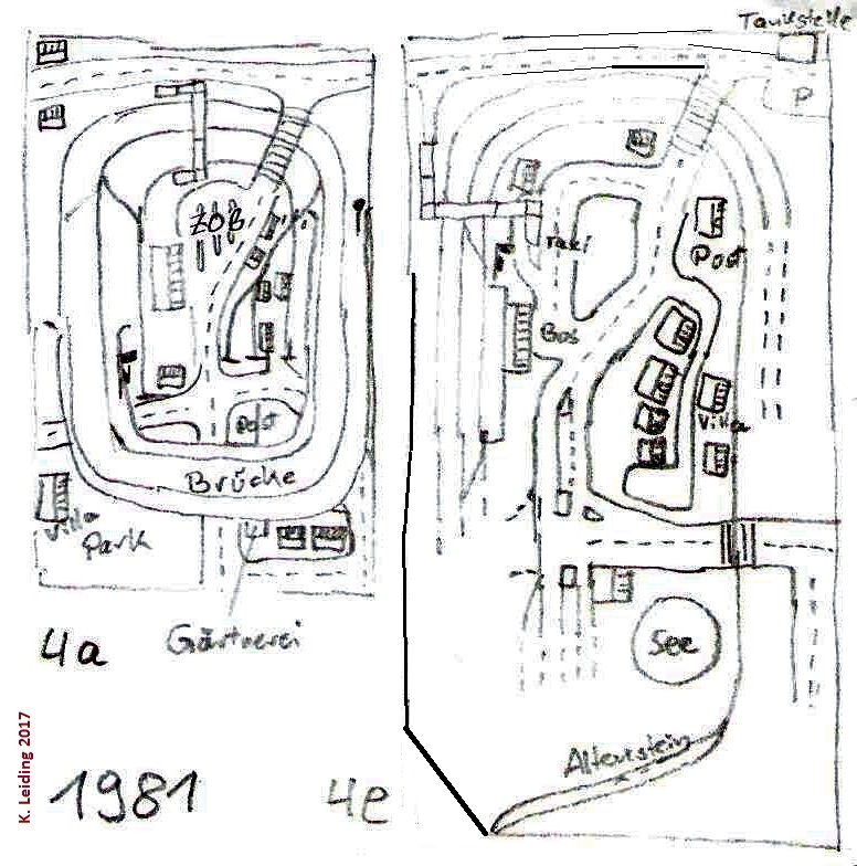 Skizze der Anlage vom Stand 1980 (4 a) und Ende 1981 (4 e).