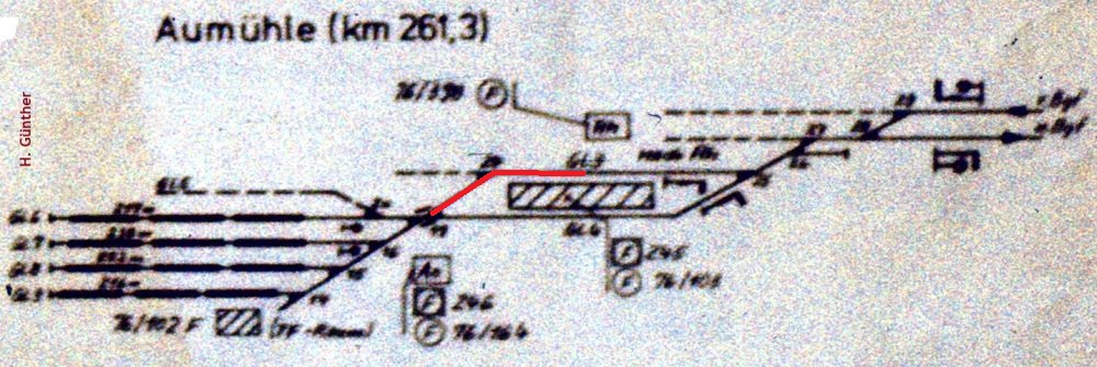 Gleisplan des Bahnhofs Aumühle nebst Abstellanlage mit Stand 4. Oktober 1975.