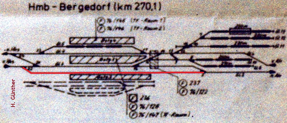 Gleisplan des Bahnhofs Bergedorf nebst Abstellanlage mit Stand 4. Oktober 1975.