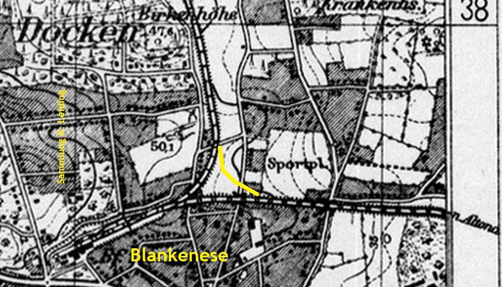 Meßtischblatt Wedel von 1927 mit den Einfädelungen der Bahnstrecken von Norden und Osten zum Bahnhof Blankenese.