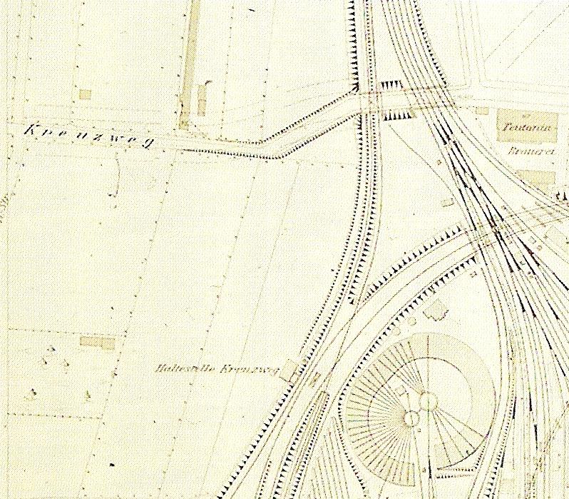Kartenausschnitt mit der Haltestelle Kreuzweg um 1900.