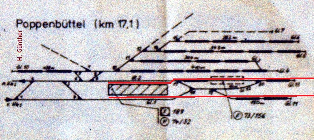 Gleisplan des Bahnhofs Poppenbüttel nebst Abstellanlage und Waschanlage mit Stand 4. Oktober 1975.