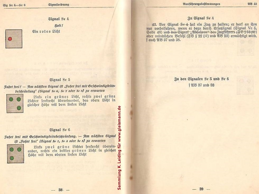 Die Seiten 38 und 39 des Signalbuchs von 1935 mit den Sv-Signalen.