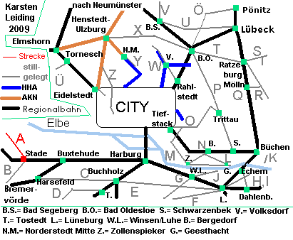 Das Schnell- und Regionalbahnnetz des HVV mit der stillgelegten Strecke A: Stade - Itzwörden.