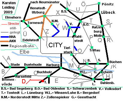 Das Schnell- und Regionalnetz des HVV mit der stillgelegten Strecke D: Tostedt - Wilstedt