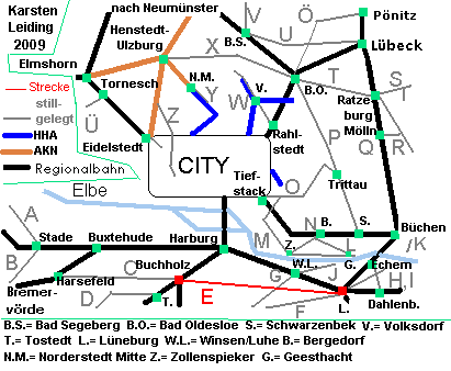 Das Schnell- und Regionalnetz des HVV mit der stillgelegten Strecke E: Buchholz - Lüneburg