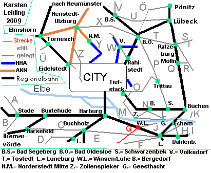 Das Schnell- und Regionalnetz des HVV mit der stillgelegten Strecke 13.G: Winsen (Luhe) Sd - Htzel