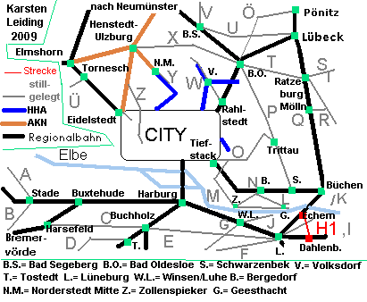 Das Schnell- und Regionalnetz des HVV mit der stillgelegten Strecke H1: Echem - Karze - Bleckede - Dahlenburg