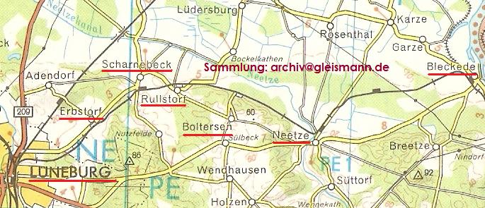 Kartenausschnitt von 1963 mit der Strecke H3: Lüneburg - Bleckede.