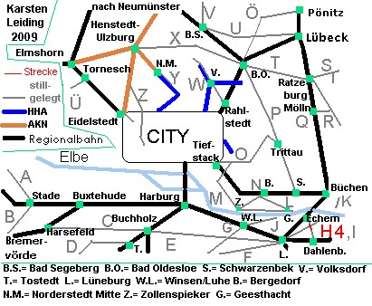 Das Schnell- und Regionalnetz des HVV mit der stillgelegten Strecke H4: Bleckede - Waldfrieden