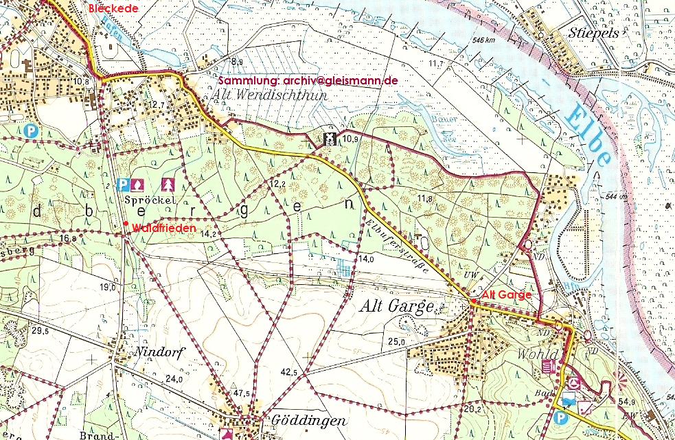 Kartenausschnitt von 1986 mit der Strecke I: Bleckede - Alt Garge.