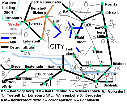 Das Schnell- und Regionalnetz des HVV mit der stillgelegten Strecke I: Bleckede - Waldfrieden - Alt Garge