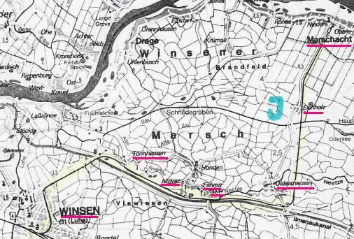 Karte des Gebietes zwischen Winsen und der Elbe.
