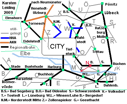 Das Schnell- und Regionalnetz des HVV mit der stillgelegten Strecke N: Bergedorf - Zollenspieker.