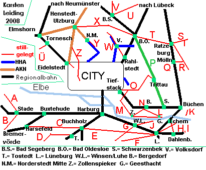 Das Schnell- und Regionalnetz des HVV mit der stillgelegten Strecke P: Bad Oldesloe - Trittau - Schwarzenbek
