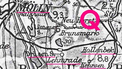 Kartenausschnitt von 1958 mit der zu der Zeit noch existierenden Strecke Q: Mölln - Hollenbek