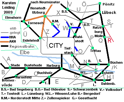 Das Schnell- und Regionalnetz des HVV mit der stillgelegten Strecke R: Ratzeburg - Hollenbek - Zarrentin - Hagenow Land.
