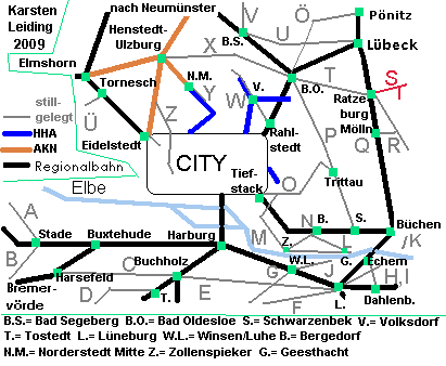 Das Schnell- und Regionalnetz des HVV mit den stillgelegten Strecken S1 + 2: Ratzeburg - Dermin - Klein Thurow und Dermin - Schaalseekanalhafen.