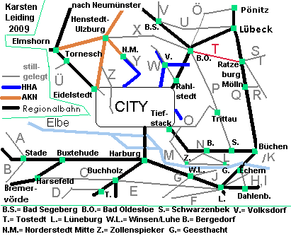 Das Schnell- und Regionalnetz des HVV mit der stillgelegten Strecke T: Bad Oldesloe - Ratzeburg.