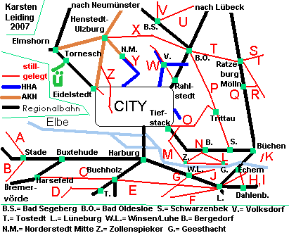 Das Schnell- und Regionalnetz des HVV mit der stillgelegten Strecke Ü: Tornesch - Uetersen.