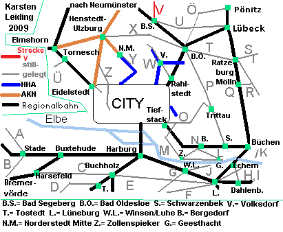 Das Schnell- und Regionalbahnnetz des HVV mit der stillgelegten Strecke V: Bad Segeberg - Wankendorf - Kiel.