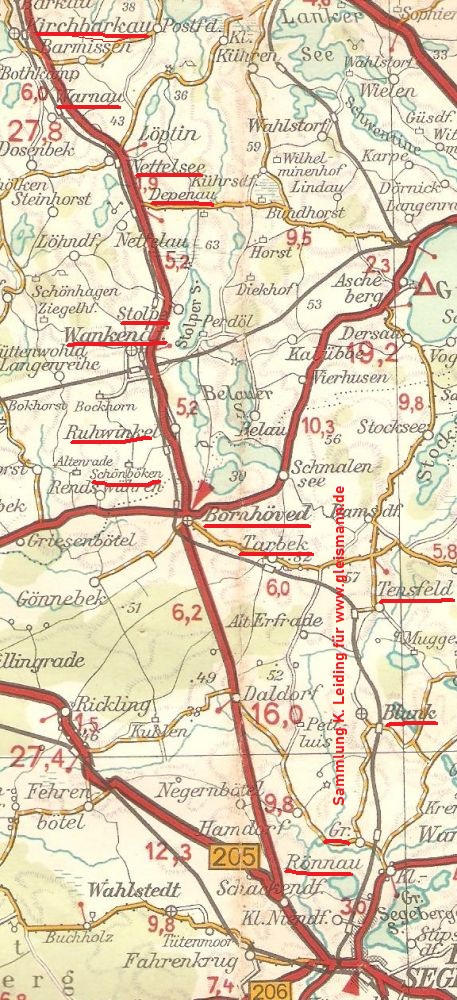 Karte vom Südteil der Strecke V.