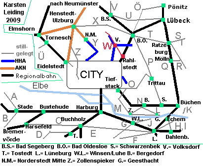 Das Schnell- und Regionalnetz des HVV mit der stillgelegten Strecke W: (Alt-) Rahlstedt - Volksdorf - Ohlstedt - Wohldorf