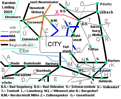 Das Schnell- und Regionalnetz des HVV mit der stillgelegten Strecke X: Bad Oldesloe - Ulzburg