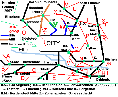 Das Schnell- und Regionalnetz des HVV mit der stillgelegten Strecke Y: Ochsenzoll - Norderstedt Mitte