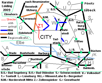 Das Schnell- und Regionalnetz des HVV mit der stillgelegten Strecke Z1: Altona - Quickborn.