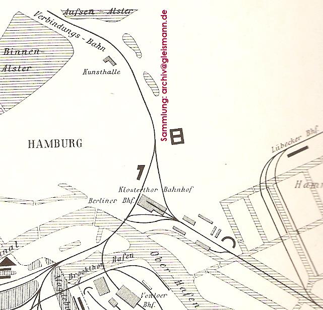 Skizze der Bahnhöfe im Hamburger Stadtgebiet aus dem Jahr 1889.