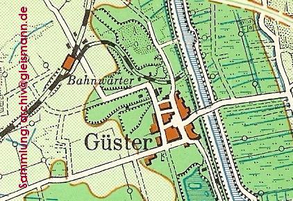 Karte von Güster in den 1950er Jahren mit dem Bahnhof und einer inzwischen stillgelegten Anschlußbahn zum Elbe - Seitenkanal.