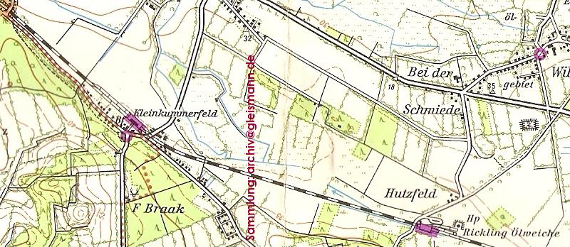 Kartenausschnitt mit den stillgelegten Haltestellen Kleinkummerfeld und Rickling Ölweiche.