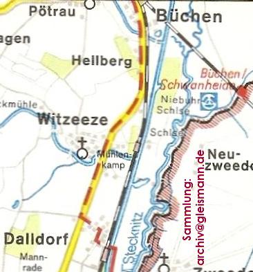 Kartenausschnitt mit den Bahnhöfen Witzeeze und Dalldorf.