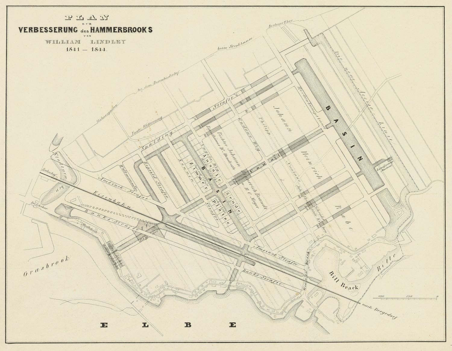 Entw&auml;sserungsplan von Hammerbrook aus dem Jahr 1844.