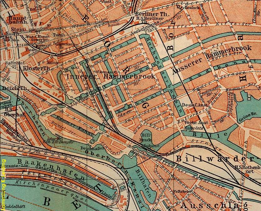 Ausschnitt eines Stadtplans (von etwa 1910) mit dem ´Inneren Hammerbrook´.