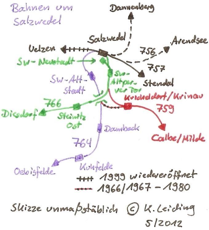 Skizze der ehemaligen und noch bestehenden Bahnstrecken um Salzwedel.