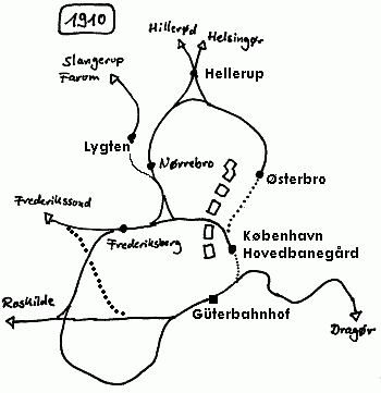 Skizze der Bahnstrecken in Kopenhagen im Jahr 1910.