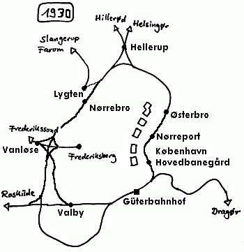 Skizze der Bahnstrecken in Kopenhagen im Jahr 1930.