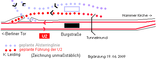 Einbindung der Alsterringlinie in die Haltestelle Burgstraße.