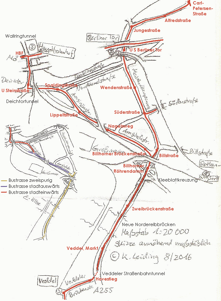Skizze der Trassenverläufe zu den Norderelbbrücken zur Straßenbahnzeit (groß) und später (klein).