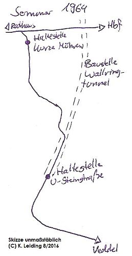 Skizze der Situation am südlichen Ende des Wallringtunnels im Sommer 1964.